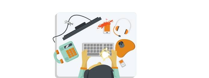 Cartoon of person with telephone, earphone, keyboard, and mouse